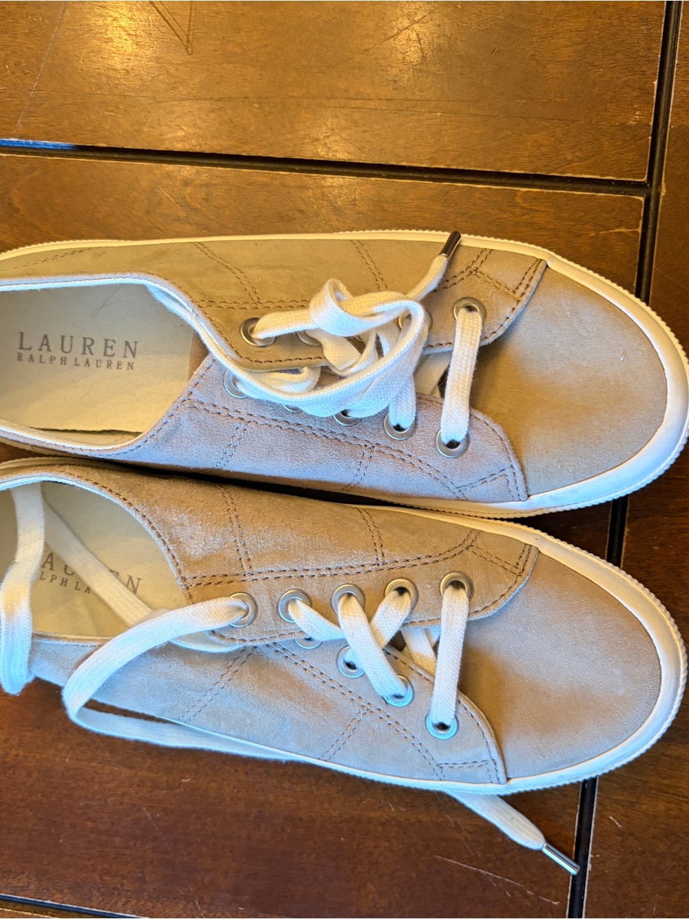 Ralph Lauren Taupe Suede Low-Top Sneakers with White Laces